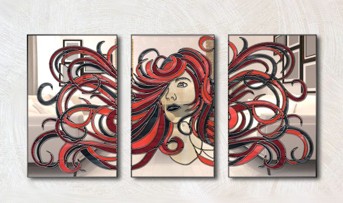 Aphrodite black trim mirrored art triptych wall mirror