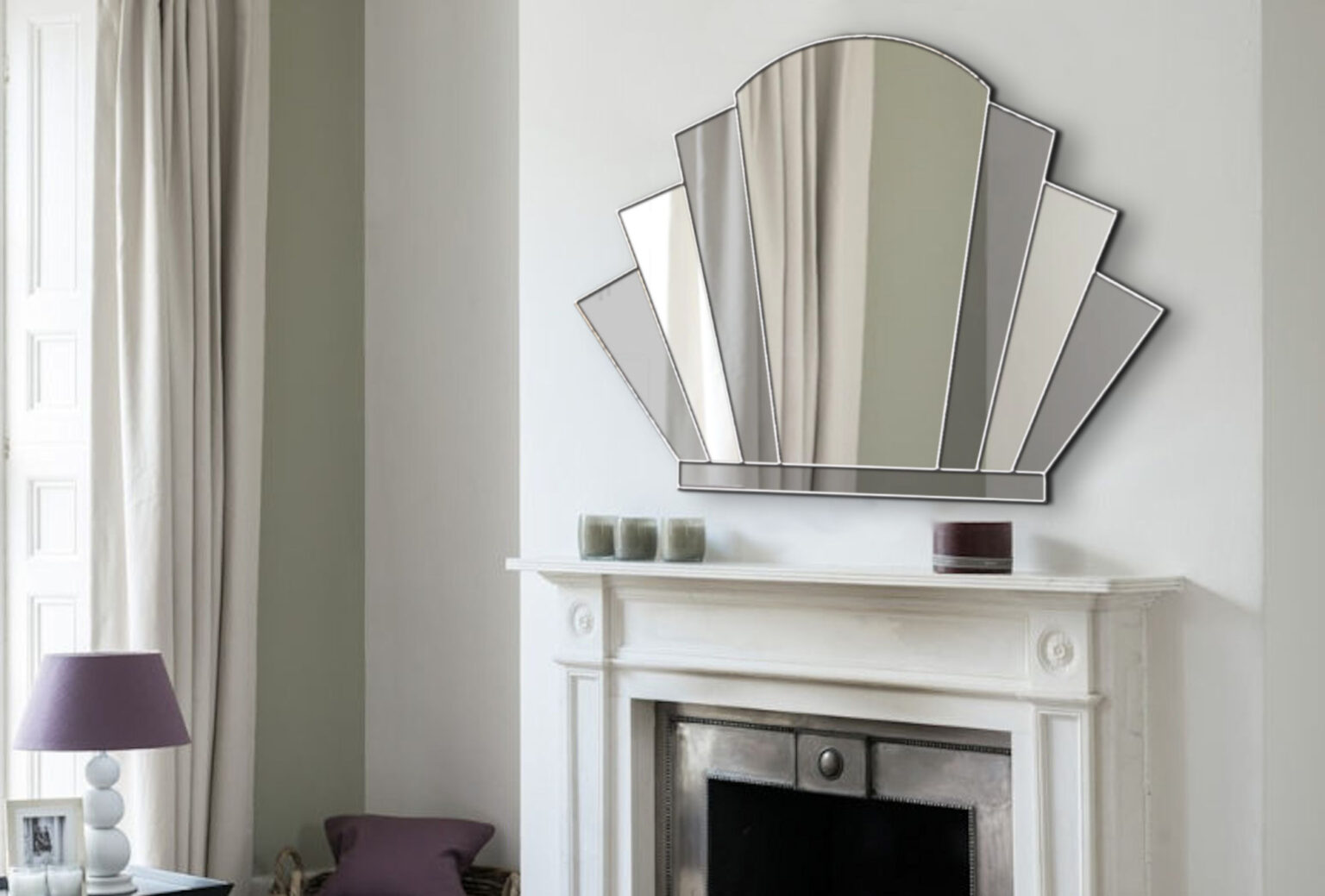 Gatsby Original Handcrafted Art Deco Over Mantle Fan Wall Mirror with Grey Tinted Mirror and