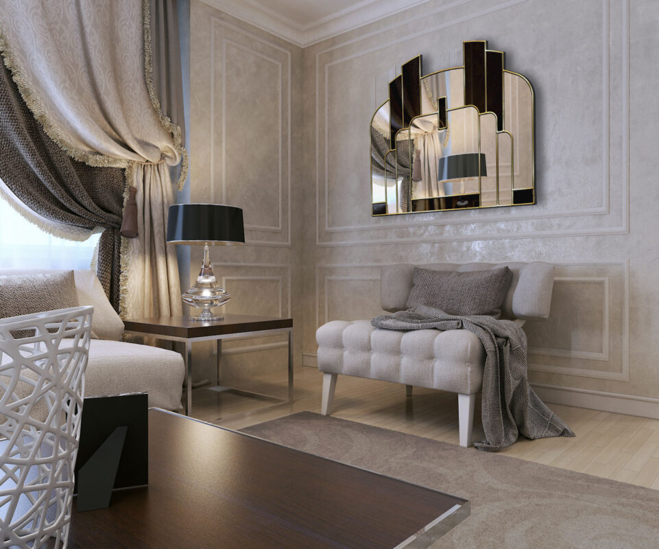 Amelia Original Handcrafted Art Deco Full Length Fan Wall Mirror in Cream and Black Bespoke