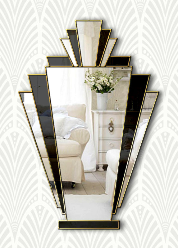 Babushka Original Handcrafted Art Deco Fan Mirror with Black Glass and Gold Trim Bespoke