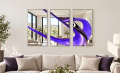 jacaranda living room purple tones silver trim moder wall mirror