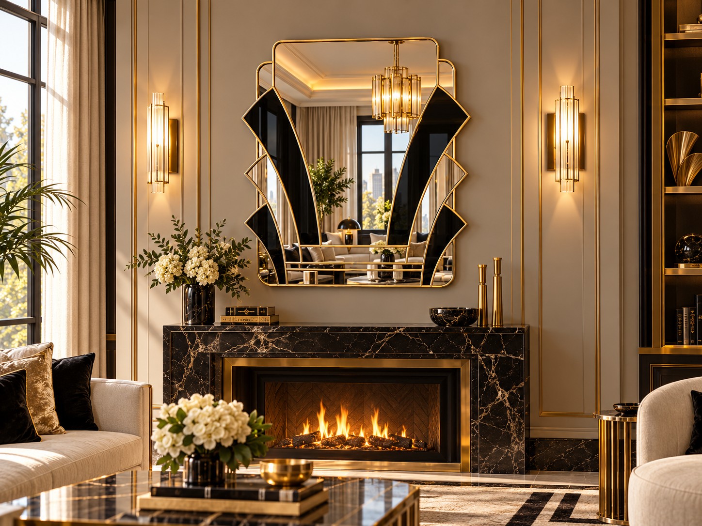 poirot black and gold trim in living room fan art deco wall mirror