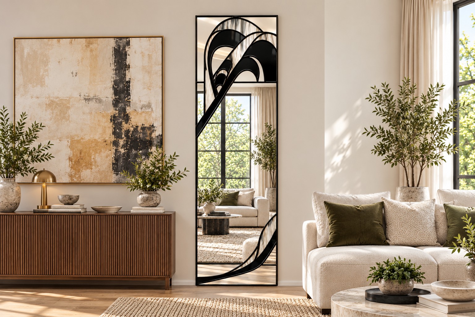 empress living room black trim wall art mirror