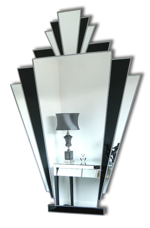 Babushka Original Handcrafted Art Deco Fan Mirror with Black Glass and