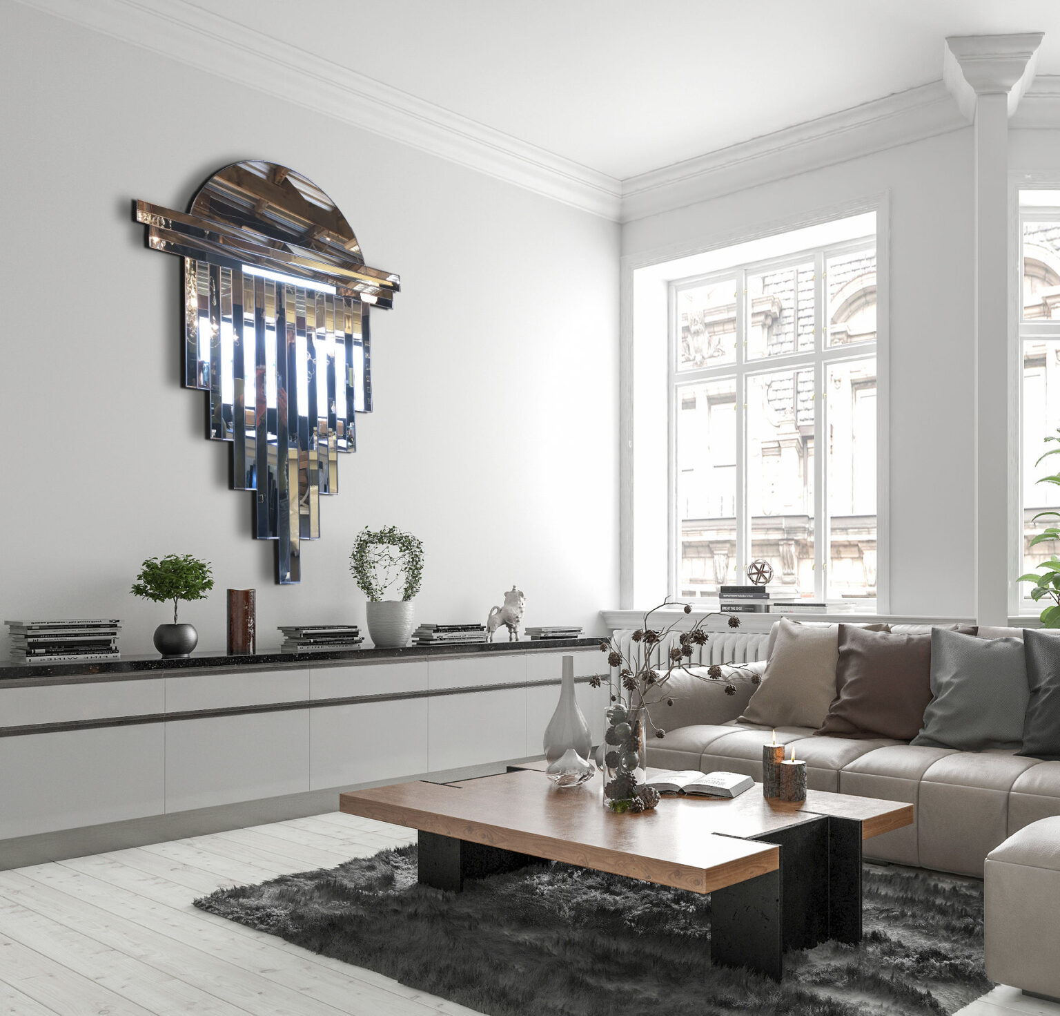 Amelia Original Handcrafted Art Deco Full Length Fan Wall Mirror in Cream and Black Bespoke