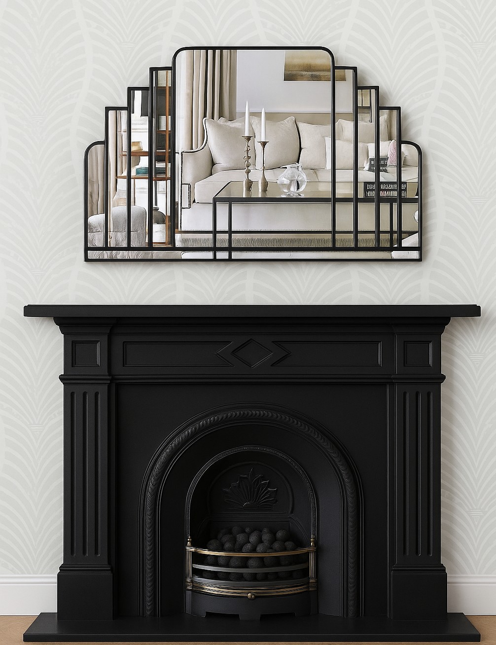 The Milan mirror is a truly beautiful and unusual over mantle art deco wall mirror - handmade and exclusively designed and available from Mirror Mania. The large central shaped mirror is framed by six angled strips of mirror, and two curved outer panels. The mirror can be finished with either silver, gold or ebony trim. As this mirror will be handmade to order you can either select from the sizes offered or let us know if you need another size. You can even add colour if you wish. Contact us to find out more.