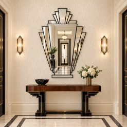 Babushka Art Deco fan wall mirror with ebony trim, handmade by Mirror Mania in Norfolk, England, displayed above a walnut and black console table.