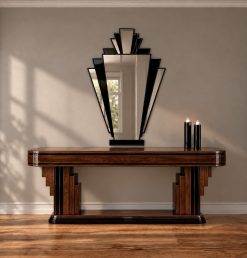 Babushka Art Deco fan wall mirror with silver trim and black glass detailing, handmade in Norfolk, England, by Mirror Mania.