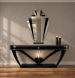 Babushka Art Deco fan wall mirror with silver trim and black glass detailing, handmade in Norfolk, England, by Mirror Mania.