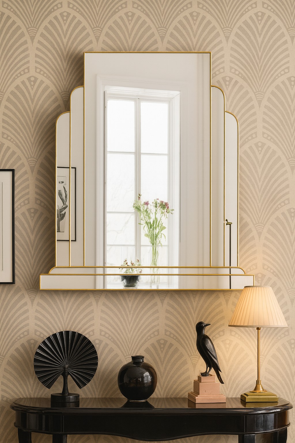 The Ritz Art Deco Wall Mirror is a sophisticated statement piece, exclusively designed and handcrafted in our Norfolk workshop by Mirror Mania. This elegant mirror features a large central panel framed by two gracefully curved mirror sections, all mounted on angled mirror strips to create a stunning three-dimensional effect. Finished with a black trim as standard – with options for gold or silver trim – the Ritz mirror captures the timeless glamour of classic Art Deco design.