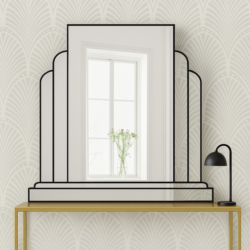 The Ritz Art Deco Wall Mirror is a sophisticated statement piece, exclusively designed and handcrafted in our Norfolk workshop by Mirror Mania. This elegant mirror features a large central panel framed by two gracefully curved mirror sections, all mounted on angled mirror strips to create a stunning three-dimensional effect. Finished with a black trim as standard – with options for gold or silver trim – the Ritz mirror captures the timeless glamour of classic Art Deco design.