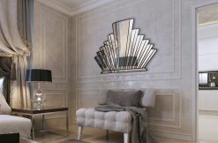 Detroit Art Deco Overmantle Wall Mirror - Handcrafted masterpiece with three-dimensional mirror sections, silver trim, and exclusive design by Phillip Orr