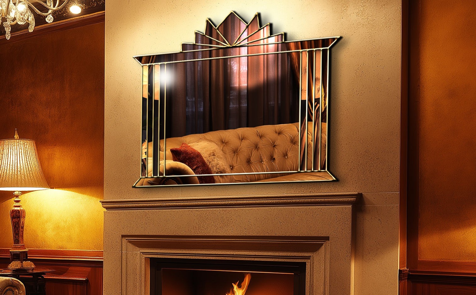 The Hobart Mirror is a stunning Art Deco over-mantle wall mirror, exclusively designed and handcrafted by British mirror artist Phillip Orr in our Norfolk workshop. This luxurious mirror features a bold central panel surrounded by angled mirrored sections and finished with a striking fan-shaped crown – a classic Art Deco statement for elegant interiors.