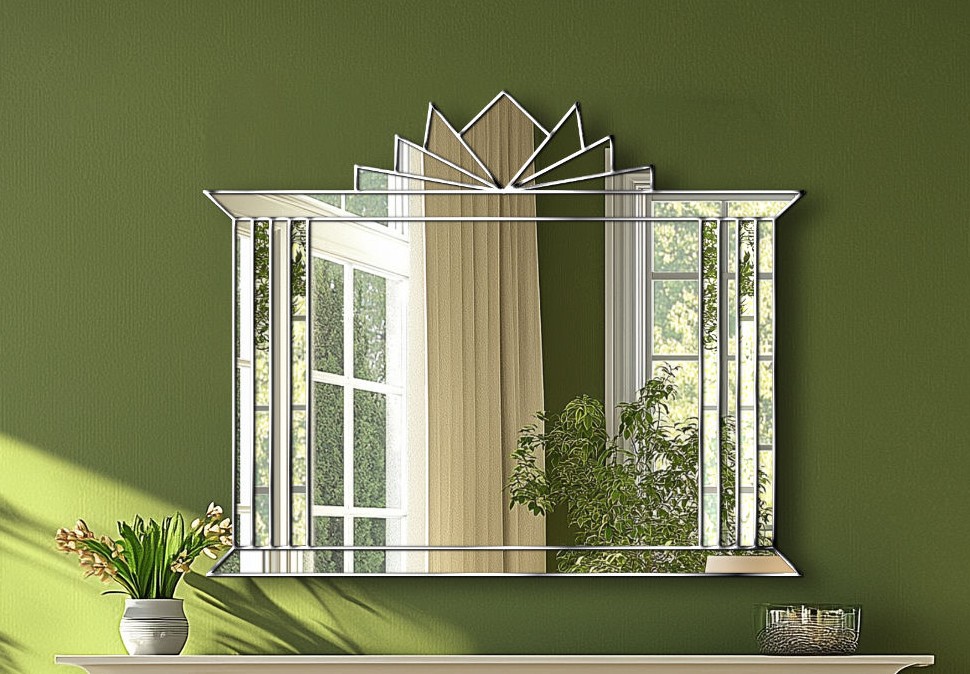 Introducing the Hobart Mirror – a showstopping Art Deco overmantle mirror exclusively designed by Phillip Orr and handcrafted in our Norfolk workshop. This luxurious Art Deco mirror features a bold central panel, elegantly framed by angled mirrored sections and crowned with a dramatic fan-shaped top – a signature of classic 1920s glamour.