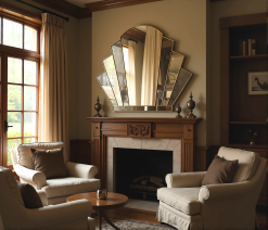 gatsby tinted grey mirror gold trim art deco fan wall mirror