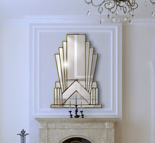 Aurora room setting 4 cropped art deco over mantle wall mirror