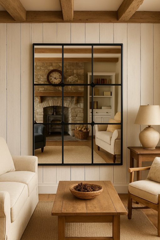 ✨ The Mirabel – A Timeless Handmade Mirror from Norfolk ✨ Bring light, space, and elegance into your home with The Mirabel, our handmade window-style wall mirror — lovingly designed and crafted in our Norfolk workshop. This classic design complements every interior style, from modern minimalism to vintage charm. Featuring clear mirrored panels framed with smooth gold trims and finished with decorative pyramid pins, it’s a true statement piece for any room.