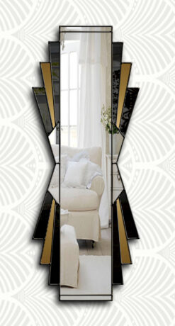 Ultimate Deco Mirror - Handmade masterpiece by mirror artist Phillip Orr in Norfolk workshop. Features central clear panel with black and bronze glass sections, adorned with a luxurious gold trim. Customizable with silver or black trim, or different colored glass for a truly unique design