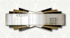 Ultimate Deco Mirror - Handmade masterpiece by mirror artist Phillip Orr in Norfolk workshop. Features central clear panel with black and bronze glass sections, adorned with a luxurious gold trim. Customizable with silver or black trim, or different colored glass for a truly unique design