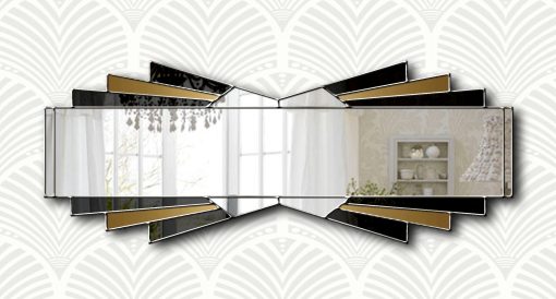 Ultimate Deco Mirror - Handmade masterpiece by mirror artist Phillip Orr in Norfolk workshop. Features central clear panel with black and bronze glass sections, adorned with a luxurious gold trim. Customizable with silver or black trim, or different colored glass for a truly unique design