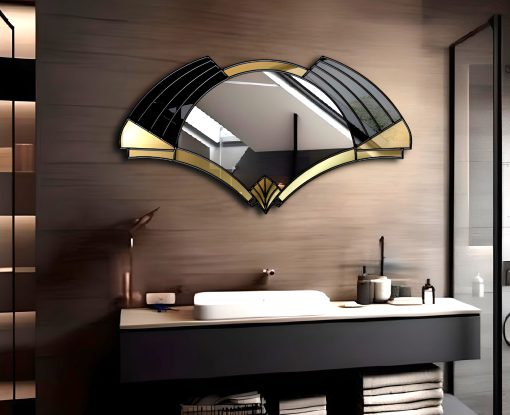 Elise Deco Nouveau Wall Mirror: Handcrafted in Norfolk, England, by mirror artist Phillip Orr. Gold and black glass frame surrounds a central clear mirror. Intricate Art Deco design inspired by 1920s headress, offering a unique blend of elegance and innovation