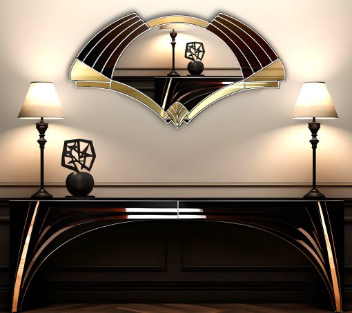 Elise Deco Nouveau Wall Mirror: Handcrafted in Norfolk, England, by mirror artist Phillip Orr. Gold and black glass frame surrounds a central clear mirror. Intricate Art Deco design inspired by 1920s headress, offering a unique blend of elegance and innovation