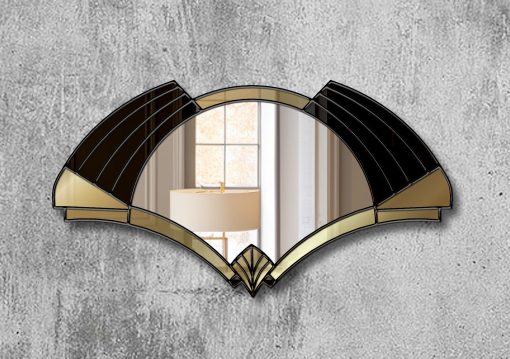 Elise Deco Nouveau Wall Mirror: Handcrafted in Norfolk, England, by mirror artist Phillip Orr. Gold and black glass frame surrounds a central clear mirror. Intricate Art Deco design inspired by 1920s headress, offering a unique blend of elegance and innovation