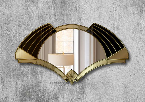 Elise Deco Nouveau Wall Mirror: Handcrafted in Norfolk, England, by mirror artist Phillip Orr. Gold and black glass frame surrounds a central clear mirror. Intricate Art Deco design inspired by 1920s headress, offering a unique blend of elegance and innovation