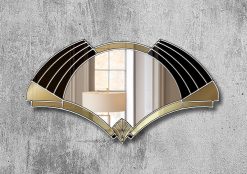 Elise Deco Nouveau Wall Mirror: Handcrafted in Norfolk, England, by mirror artist Phillip Orr. Gold and black glass frame surrounds a central clear mirror. Intricate Art Deco design inspired by 1920s headress, offering a unique blend of elegance and innovation