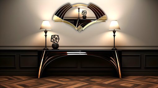 Elise Deco Nouveau Wall Mirror: Handcrafted in Norfolk, England, by mirror artist Phillip Orr. Gold and black glass frame surrounds a central clear mirror. Intricate Art Deco design inspired by 1920s headress, offering a unique blend of elegance and innovation