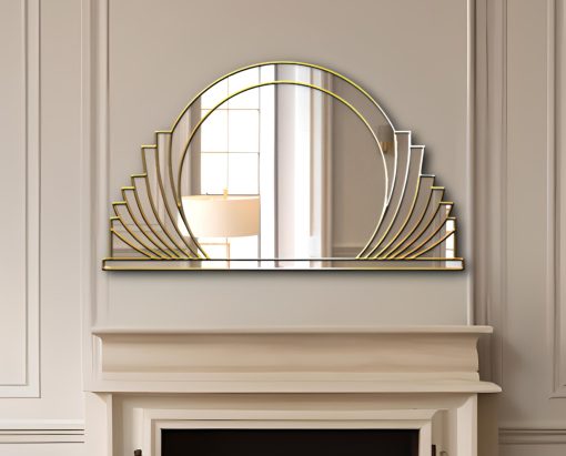 Messina Majesty Deco Mirror: A stunning Art Deco masterpiece with a central circular mirror, surrounded by gracefully sweeping mirror sections, featuring radiant gold trim. Handcrafted by artist Phillip Orr exclusively for Mirror Mania in Norfolk, England. Customizable in black or silver trim, this timeless design boasts beautiful symmetric curves, offering a touch of sophistication to any space.