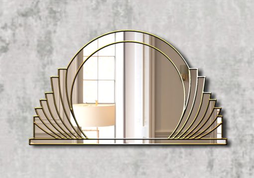 Messina Majesty Deco Mirror: A stunning Art Deco masterpiece with a central circular mirror, surrounded by gracefully sweeping mirror sections, featuring radiant gold trim. Handcrafted by artist Phillip Orr exclusively for Mirror Mania in Norfolk, England. Customizable in black or silver trim, this timeless design boasts beautiful symmetric curves, offering a touch of sophistication to any space.