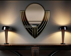 Art Deco Wall Mirror: Odin design with elegant curves and sleek black glass panels, an opulent fusion of style and symmetry