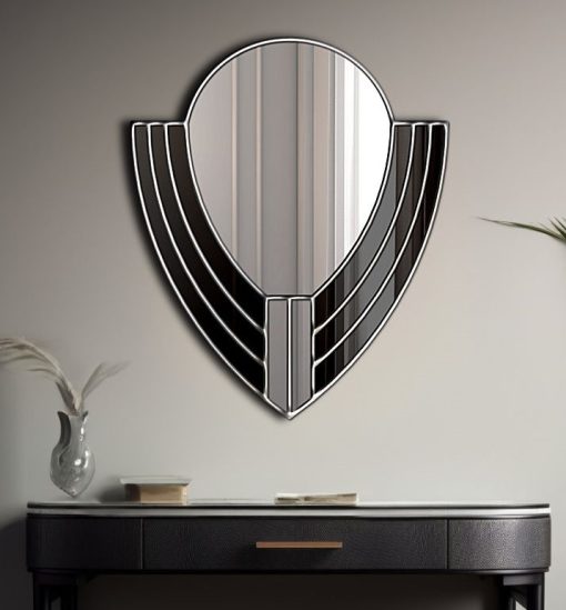 Art Deco Wall Mirror: Odin design with elegant curves and sleek black glass panels, an opulent fusion of style and symmetry