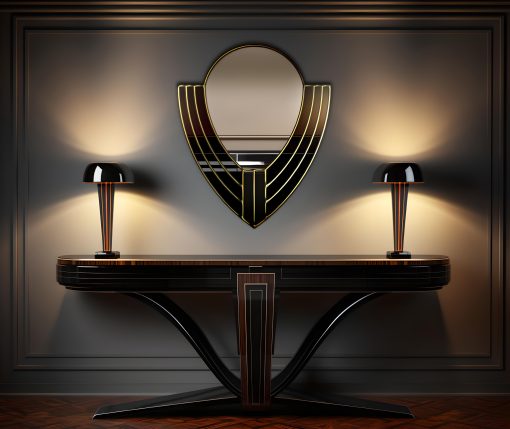 Art Deco Wall Mirror: Odin design with elegant curves and sleek black glass panels, an opulent fusion of style and symmetry
