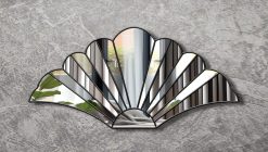 Handcrafted Flower Curved Semi Circle Mirror in British Art Deco style. Features flat bottom and central mirror panels bordered by angled mirror curved sections, creating stunning angled reflections. Available with gold, silver, or black trim. Handmade by Mirror Mania in Norfolk workshop