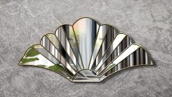 Handcrafted Flower Curved Semi Circle Mirror in British Art Deco style. Features flat bottom and central mirror panels bordered by angled mirror curved sections, creating stunning angled reflections. Available with gold, silver, or black trim. Handmade by Mirror Mania in Norfolk workshop