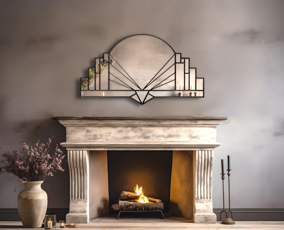 Art Deco-inspired mirror featuring a central curved panel with stepped sections bordered by intricate detailing leading to a focal point at the base. Handcrafted with silver, gold, or black trim options. Handmade in Norfolk workshop