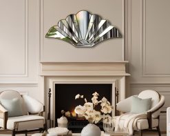 Handcrafted Flower Curved Semi Circle Mirror in British Art Deco style. Features flat bottom and central mirror panels bordered by angled mirror curved sections, creating stunning angled reflections. Available with gold, silver, or black trim. Handmade by Mirror Mania in Norfolk workshop