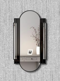 The Triton Mirror - a full-length, sleek Art Deco design masterpiece by mirror artist Phillip Orr from Norfolk, UK. Shown in black glass with a luxurious gold trim, this customizable mirror can be tailored with glass color of choice and alternative finishes like silver or black. Perfect for hallways, bedrooms, or dressing rooms, this British handmade mirror exudes elegance and craftsmanship