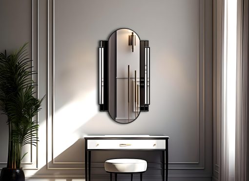 The Triton Mirror - a full-length, sleek Art Deco design masterpiece by mirror artist Phillip Orr from Norfolk, UK. Shown in black glass with a luxurious gold trim, this customizable mirror can be tailored with glass color of choice and alternative finishes like silver or black. Perfect for hallways, bedrooms, or dressing rooms, this British handmade mirror exudes elegance and craftsmanship