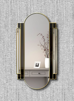 The Triton Mirror - a full-length, sleek Art Deco design masterpiece by mirror artist Phillip Orr from Norfolk, UK. Shown in black glass with a luxurious gold trim, this customizable mirror can be tailored with glass color of choice and alternative finishes like silver or black. Perfect for hallways, bedrooms, or dressing rooms, this British handmade mirror exudes elegance and craftsmanship