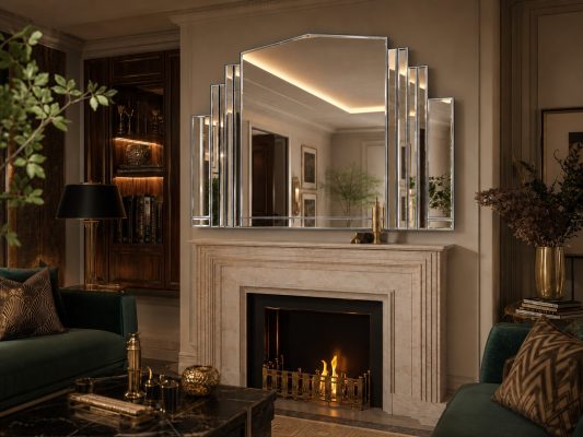 serenity silver trim living room overmantle art deco wall mirror